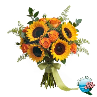 Bouquet di Girasoli e roselline arancio